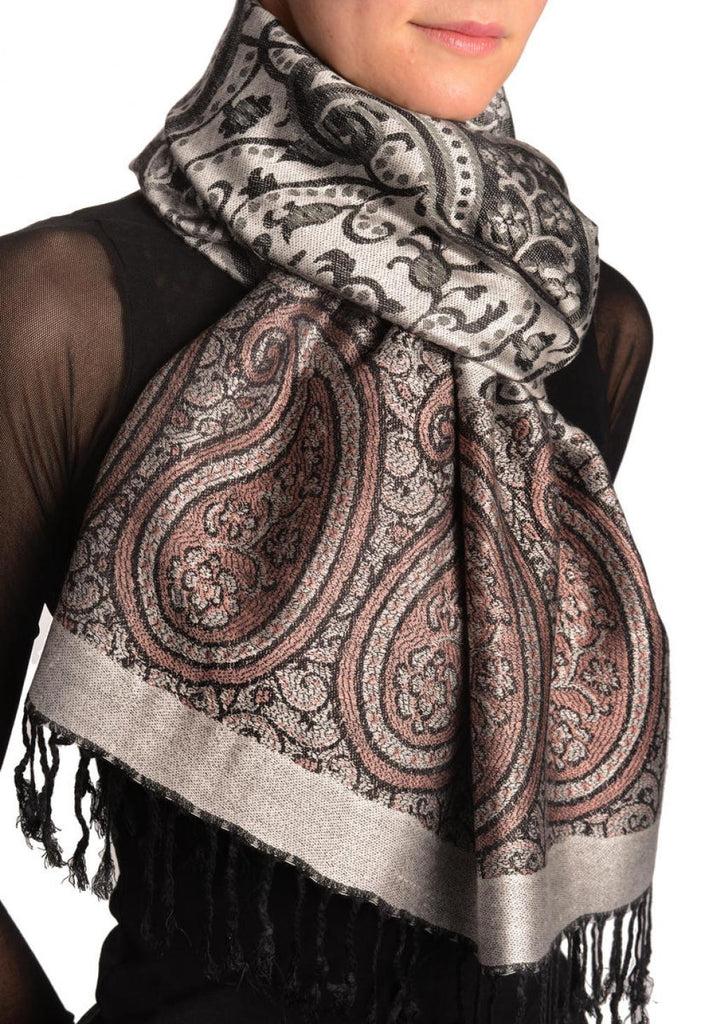 Liss Kiss Reversed Paisley On Silver Grey Pashmina With Tassels - Scarf