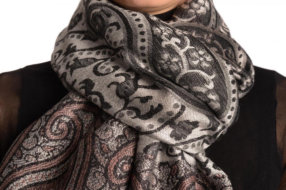 Liss Kiss Reversed Paisley On Silver Grey Pashmina With Tassels - Scarf