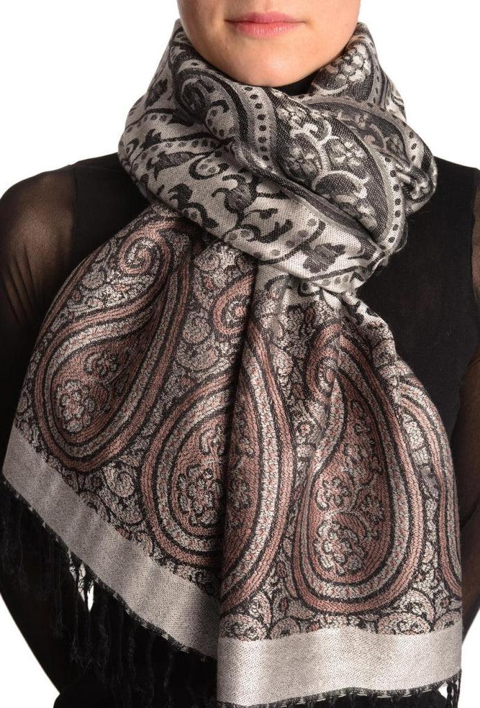 liss kiss Reversed Paisley On Silver Grey Pashmina With Tassels - Scarf