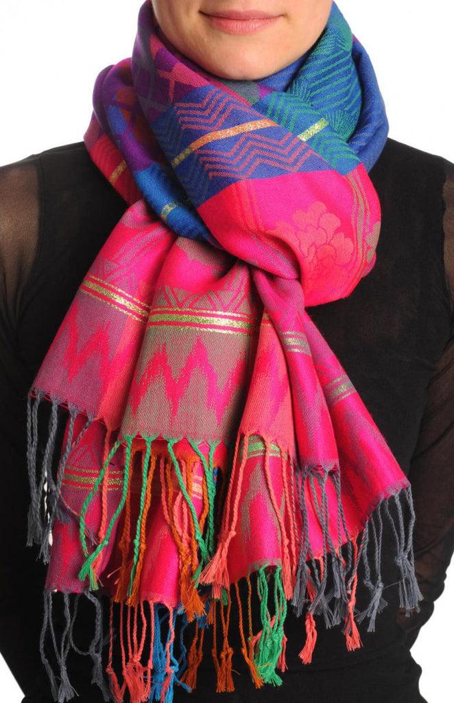 liss kiss Reversed Roses On Checkered Pink Pashmina With Tassels - Scarf