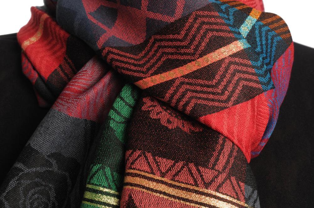 Liss Kiss Reversed Roses On Dark Red Pashmina With Tassels - Scarf