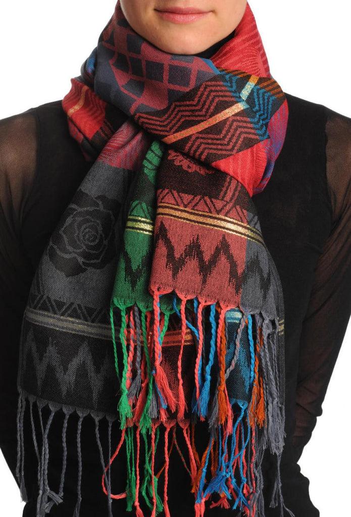 liss kiss Reversed Roses On Dark Red Pashmina With Tassels - Scarf