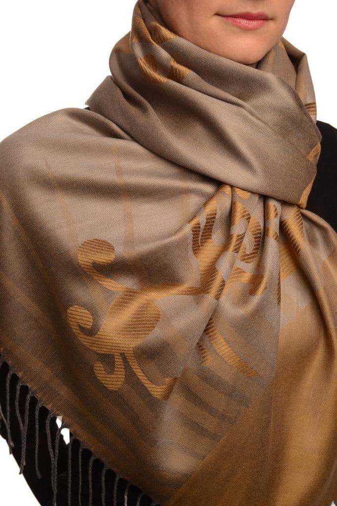 Liss Kiss Rising Sun On Brown Grey Pashmina With Tassels - Scarf