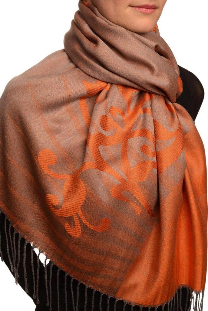 Liss Kiss Rising Sun On Coral Grey Pashmina With Tassels - Scarf