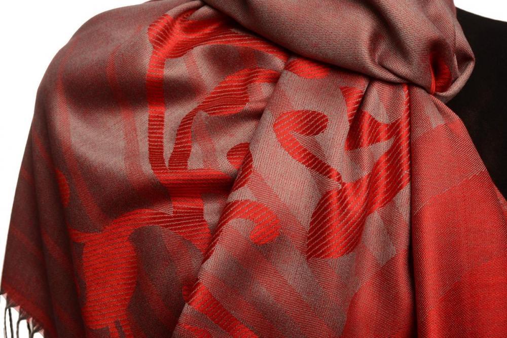 Liss Kiss Rising Sun On Red Grey Pashmina With Tassels - Scarf