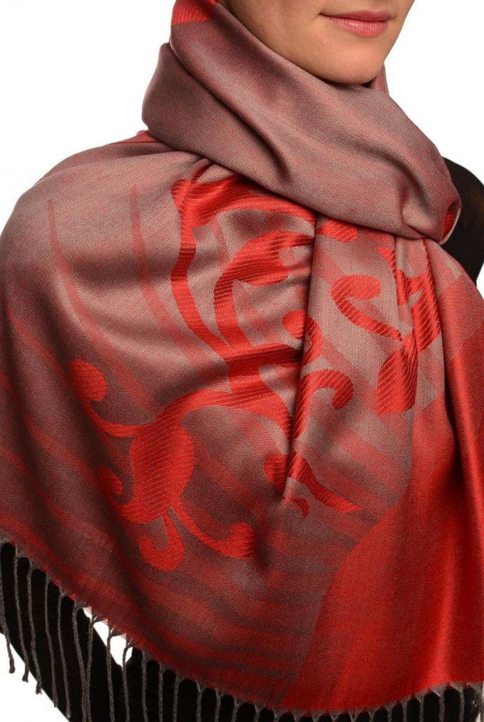 Liss Kiss Rising Sun On Red Grey Pashmina With Tassels - Scarf