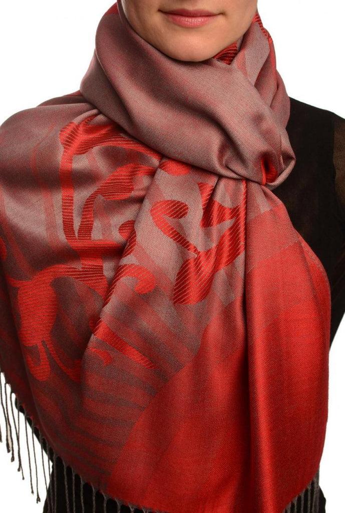 liss kiss Rising Sun On Red Grey Pashmina With Tassels - Scarf