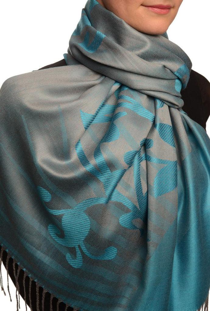 Liss Kiss Rising Sun On Steel Blue Pashmina With Tassels - Scarf