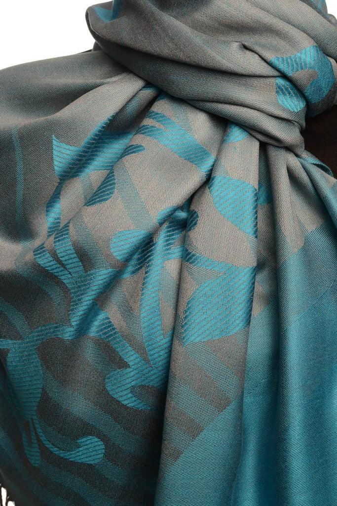 Liss Kiss Rising Sun On Steel Blue Pashmina With Tassels - Scarf