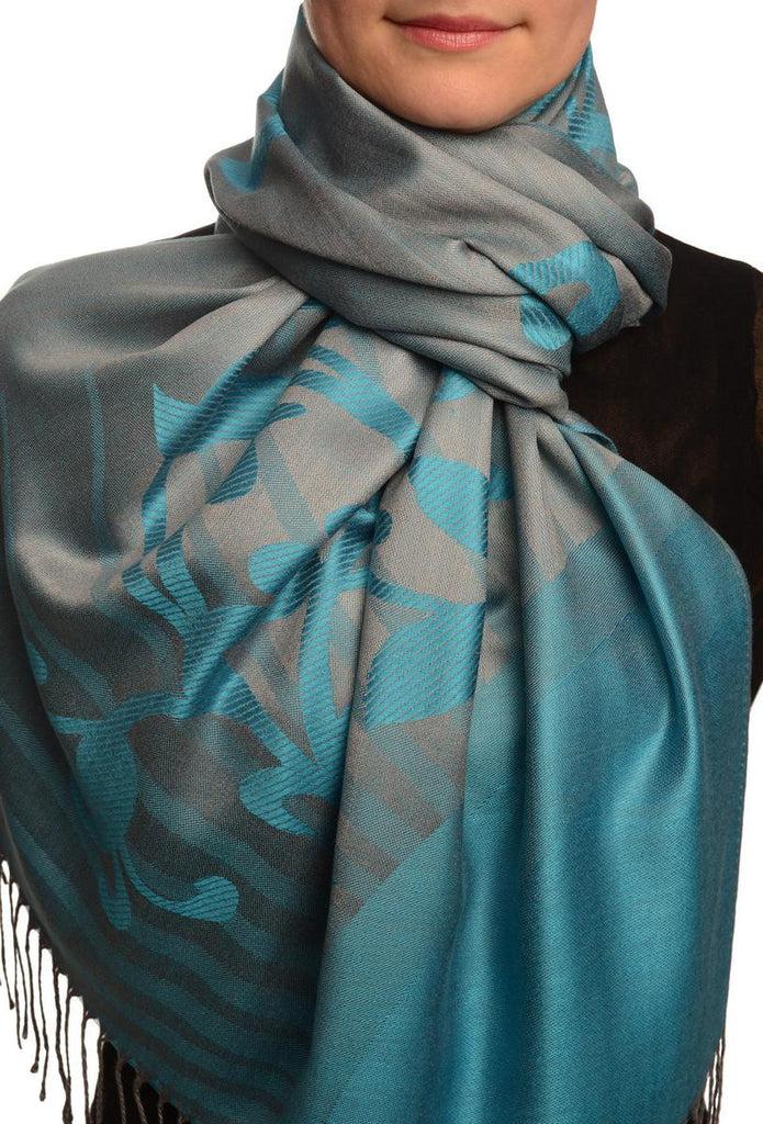 liss kiss Rising Sun On Steel Blue Pashmina With Tassels - Scarf