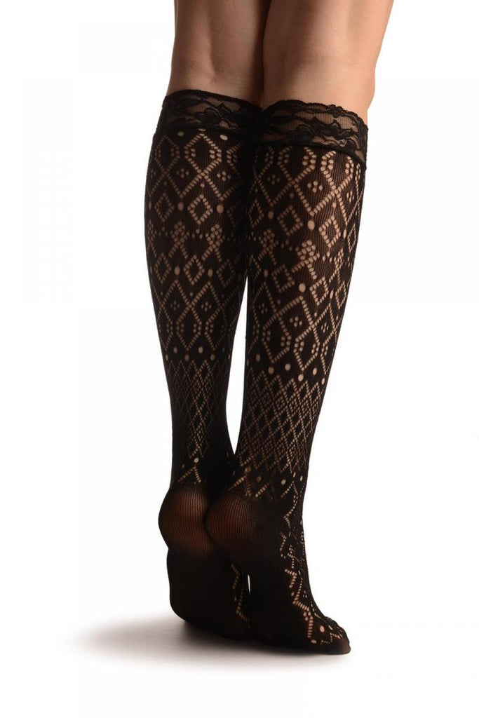 Liss Kiss Rombs & Diamonds Mix Black Lace Knee High Socks - Socks