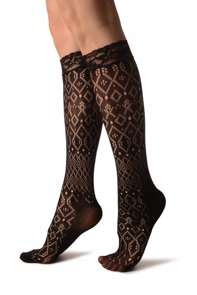 Liss Kiss Rombs & Diamonds Mix Black Lace Knee High Socks - Socks
