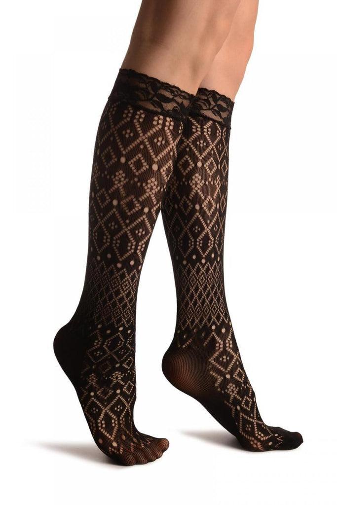 liss kiss Rombs & Diamonds Mix Black Lace Knee High Socks - Socks