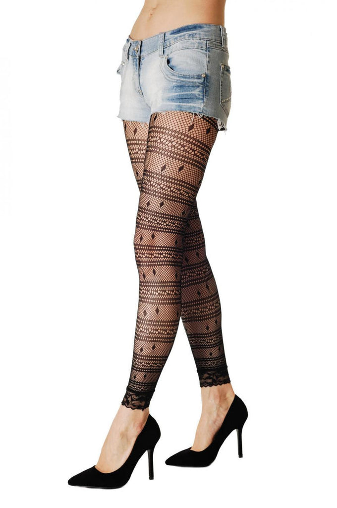 Liss Kiss Rombs With Horisontal Lines & Lace Trim Footless - Tights Footless