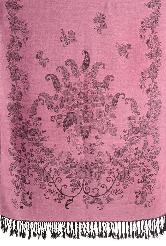 Liss Kiss Roses Frame On Dark Pink Pashmina With Tassels - Scarf