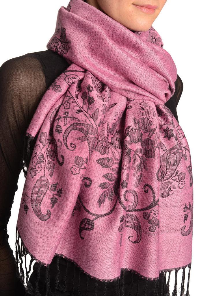 Liss Kiss Roses Frame On Dark Pink Pashmina With Tassels - Scarf