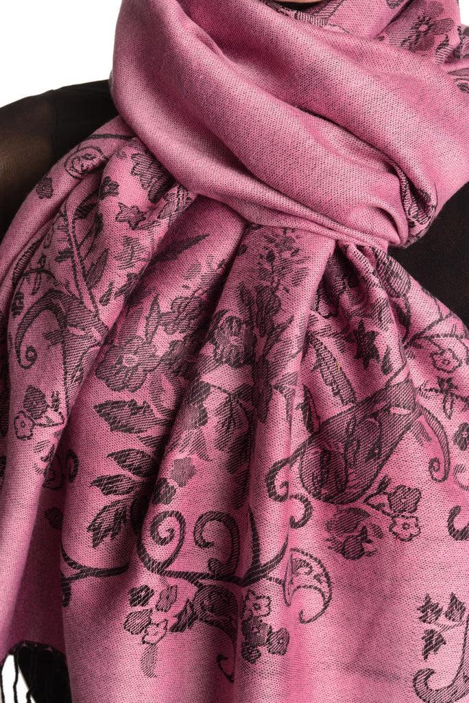 Liss Kiss Roses Frame On Dark Pink Pashmina With Tassels - Scarf