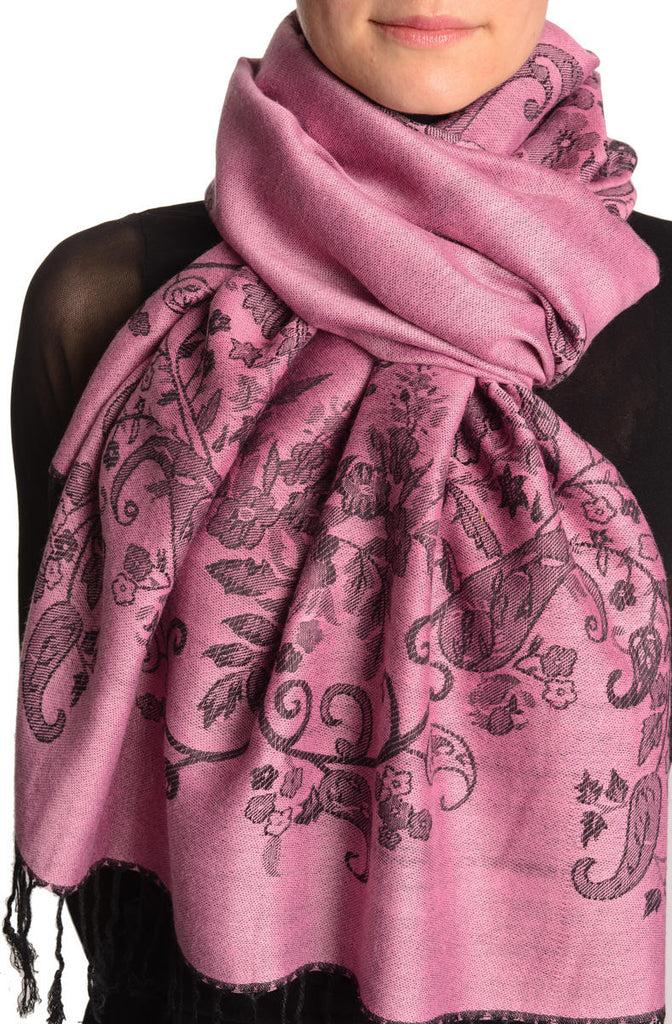liss kiss Roses Frame On Dark Pink Pashmina With Tassels - Scarf