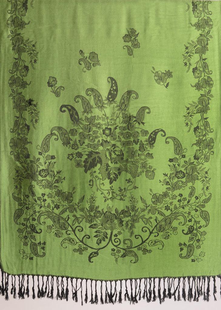 Liss Kiss Roses Frame On Kelly Green Pashmina With Tassels - Scarf