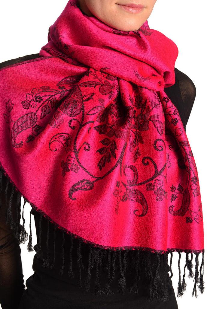 Liss Kiss Roses Frame On Magenta Pink Pashmina With Tassels - Scarf