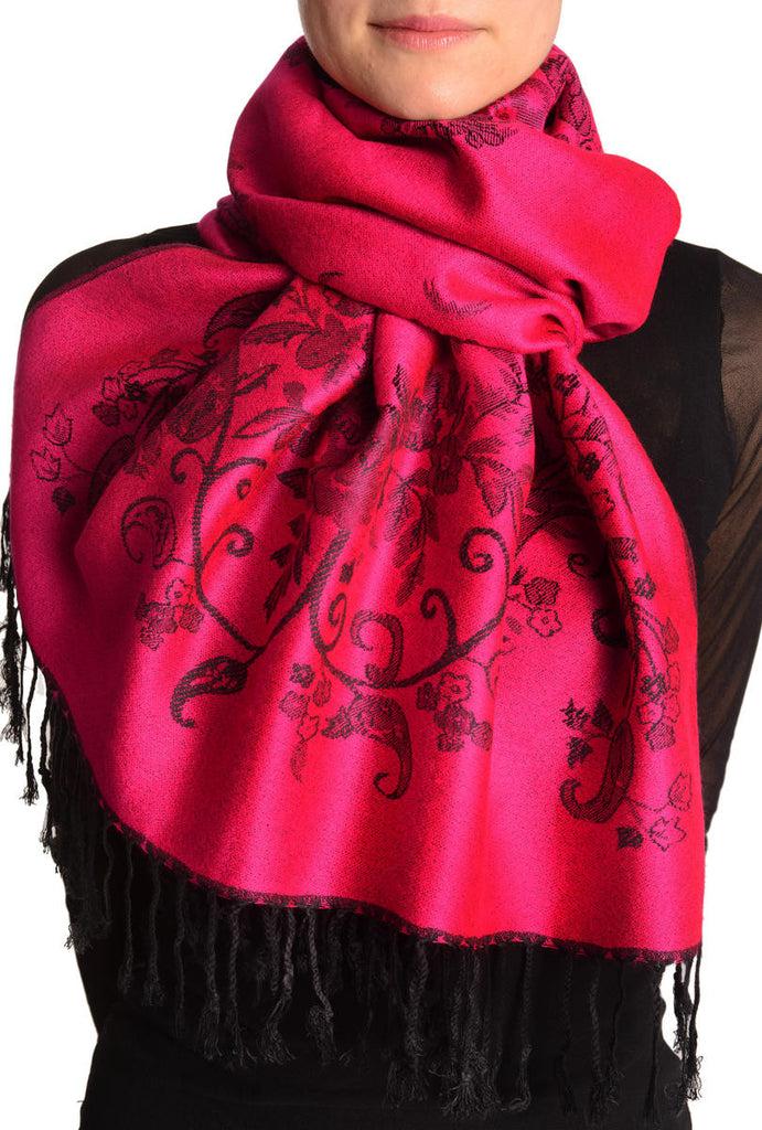 liss kiss Roses Frame On Magenta Pink Pashmina With Tassels - Scarf