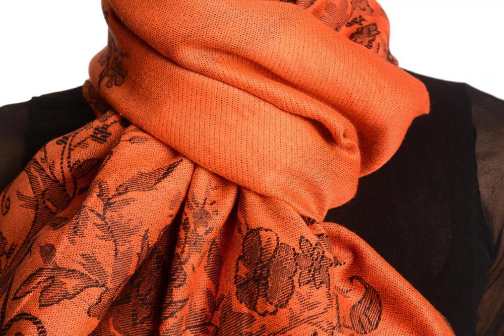 Liss Kiss Roses Frame On Orange Pashmina With Tassels - Scarf