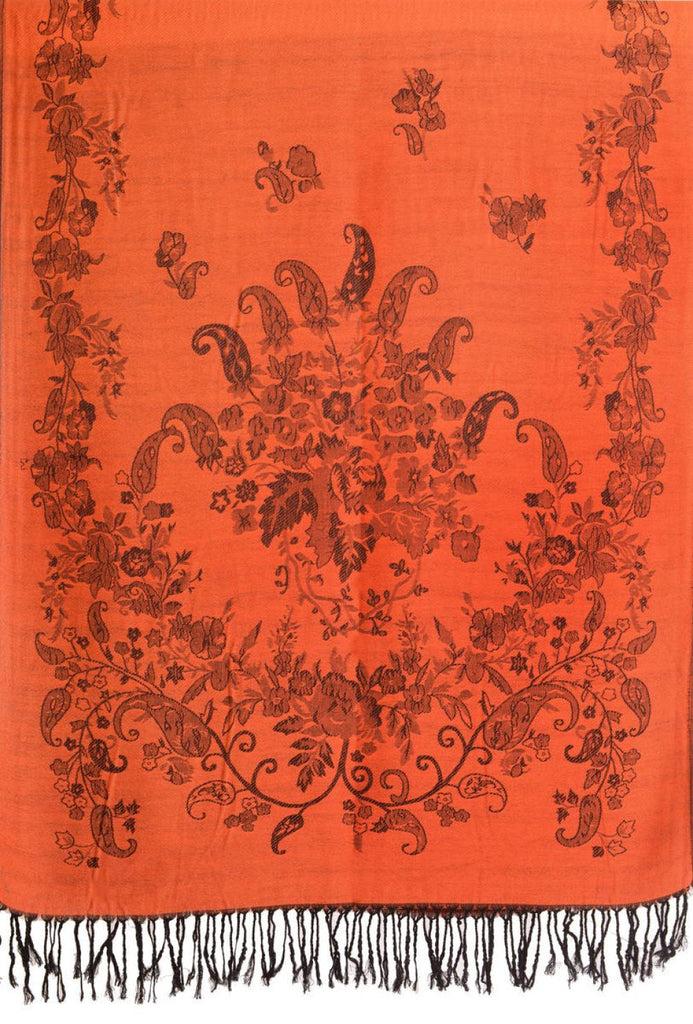 Liss Kiss Roses Frame On Orange Pashmina With Tassels - Scarf