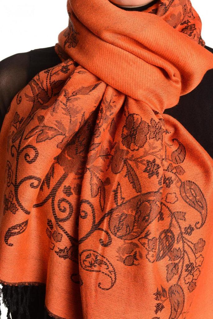 Liss Kiss Roses Frame On Orange Pashmina With Tassels - Scarf