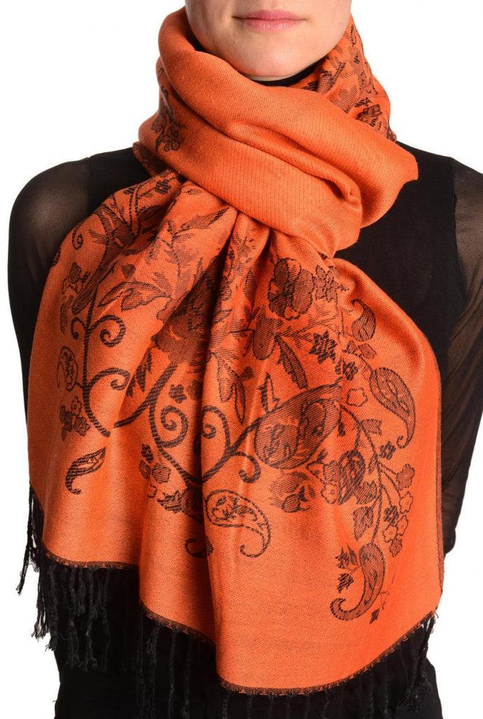 liss kiss Roses Frame On Orange Pashmina With Tassels - Scarf