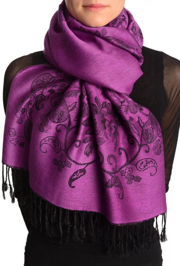 liss kiss Roses Frame On Orchid Purple Pashmina With Tassels - Scarf