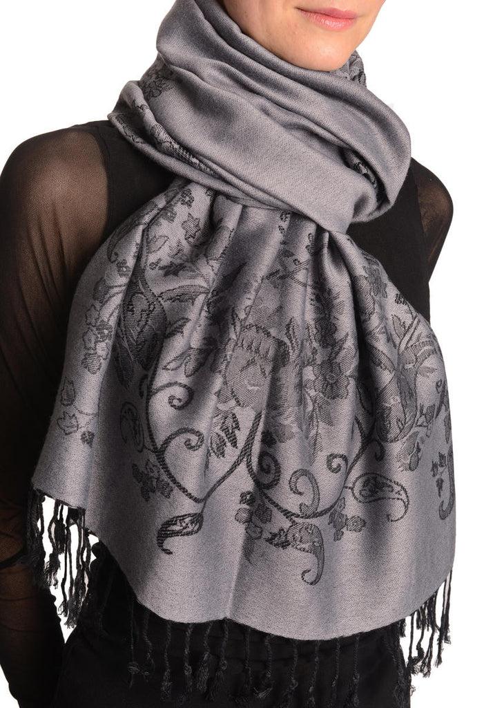 Liss Kiss Roses Frame On Pewter Grey Pashmina With Tassels - Scarf