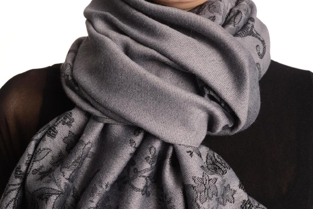 Liss Kiss Roses Frame On Pewter Grey Pashmina With Tassels - Scarf