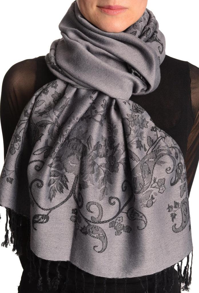 liss kiss Roses Frame On Pewter Grey Pashmina With Tassels - Scarf