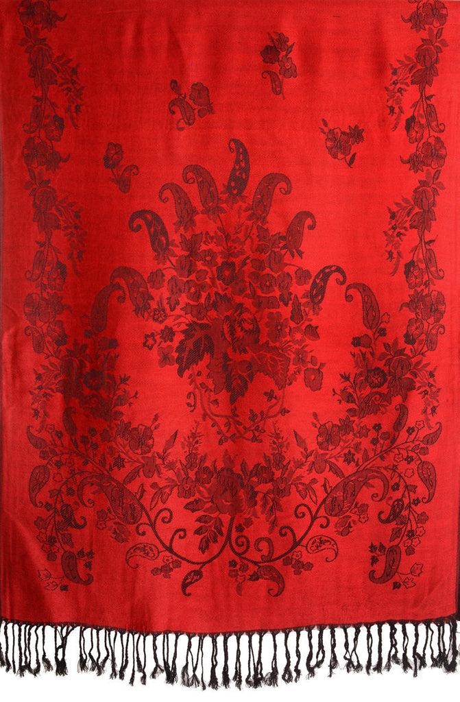 Liss Kiss Roses Frame On Red Pashmina With Tassels - Scarf