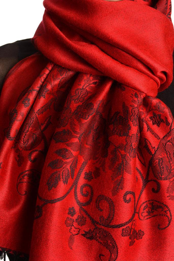Liss Kiss Roses Frame On Red Pashmina With Tassels - Scarf