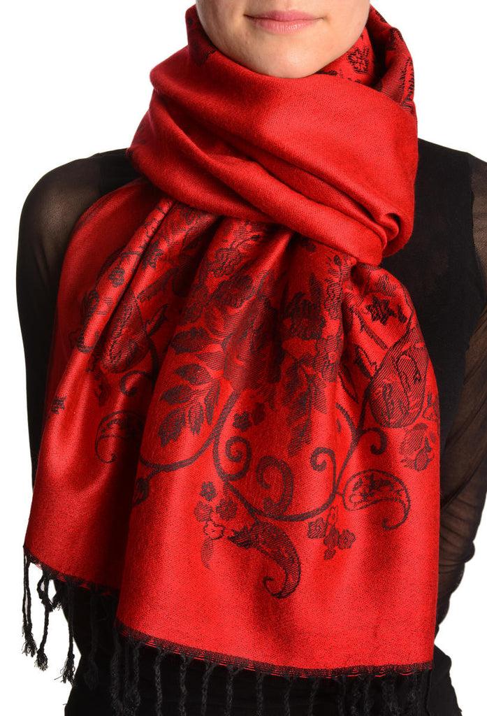liss kiss Roses Frame On Red Pashmina With Tassels - Scarf