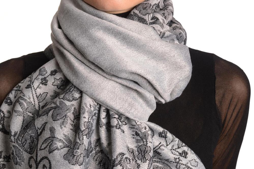 Liss Kiss Roses Frame On Silver Grey Pashmina With Tassels - Scarf