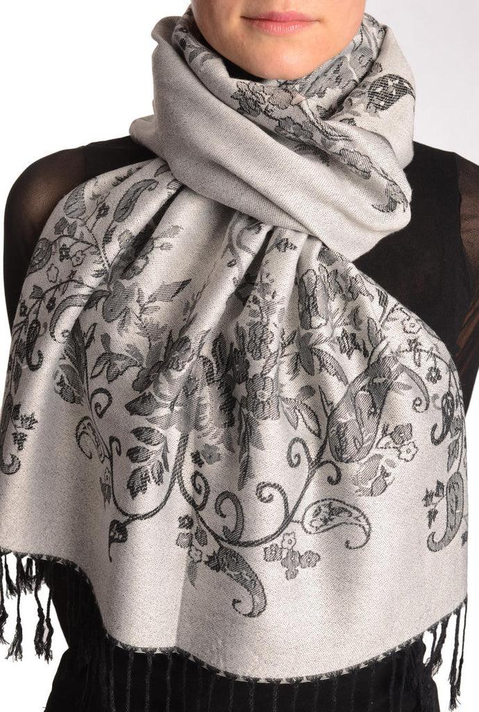 liss kiss Roses Frame On Silver Grey Pashmina With Tassels - Scarf