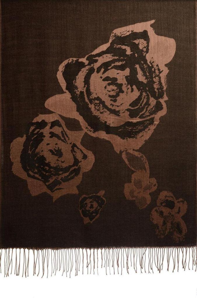 Liss Kiss Roses On Black Pashmina Feel With Tassels - Scarf