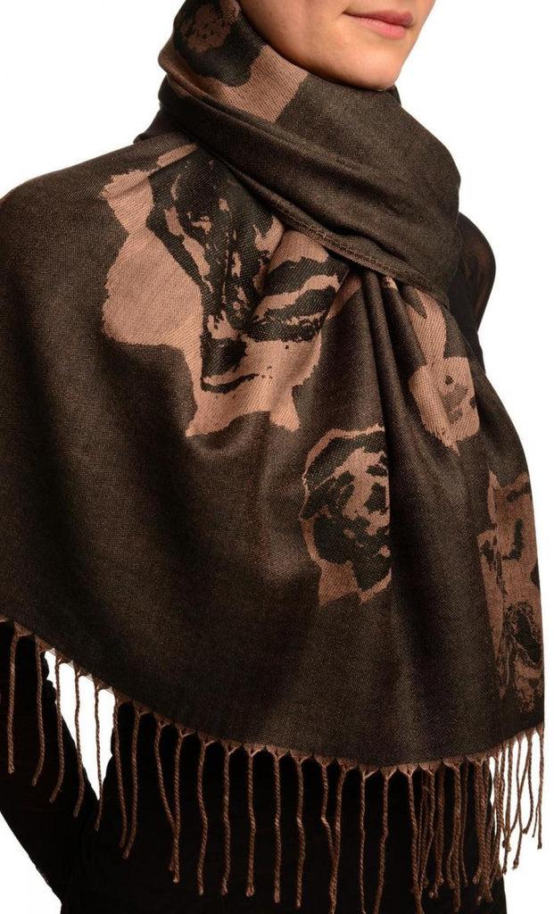 Liss Kiss Roses On Black Pashmina Feel With Tassels - Scarf