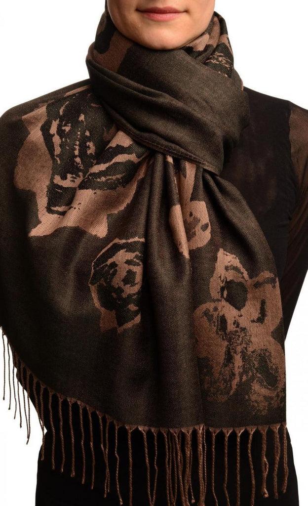 liss kiss Roses On Black Pashmina Feel With Tassels - Scarf