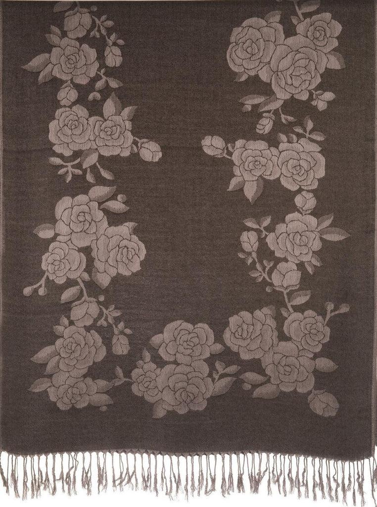 Liss Kiss Roses On Black Pashmina With Tassels - Scarf