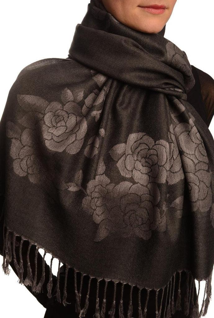 Liss Kiss Roses On Black Pashmina With Tassels - Scarf