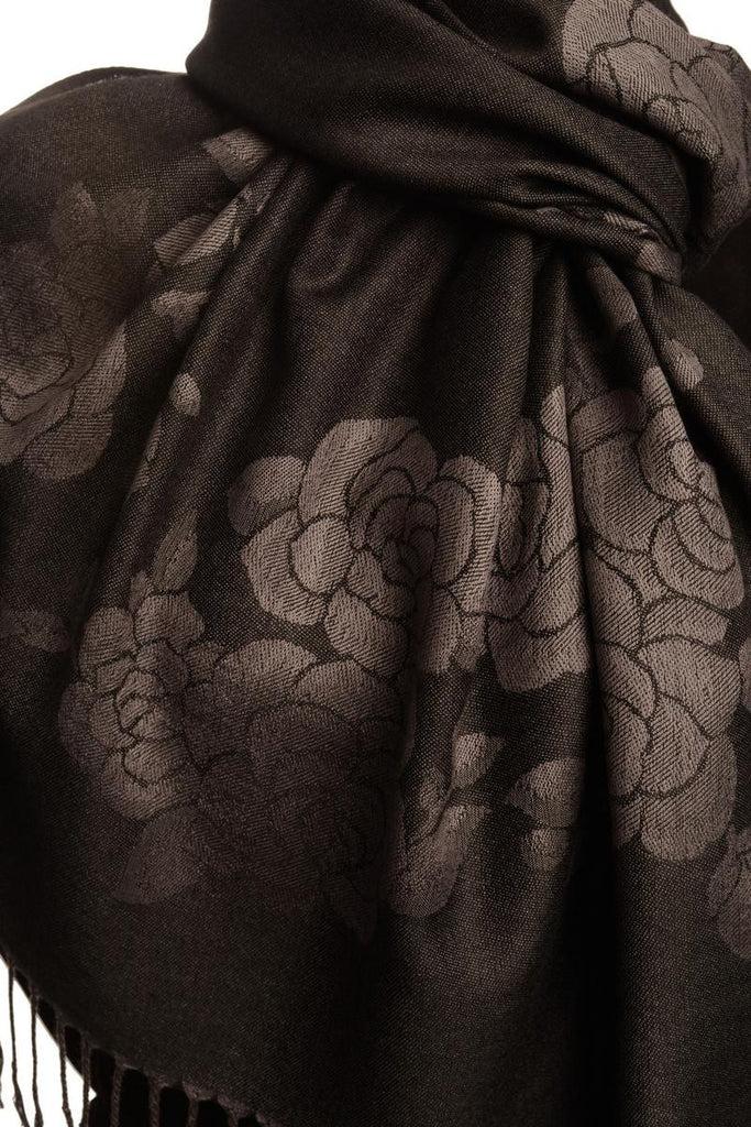 Liss Kiss Roses On Black Pashmina With Tassels - Scarf
