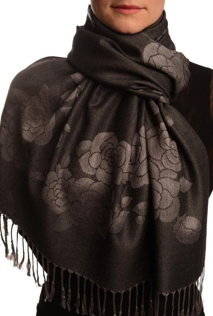 liss kiss Roses On Black Pashmina With Tassels - Scarf
