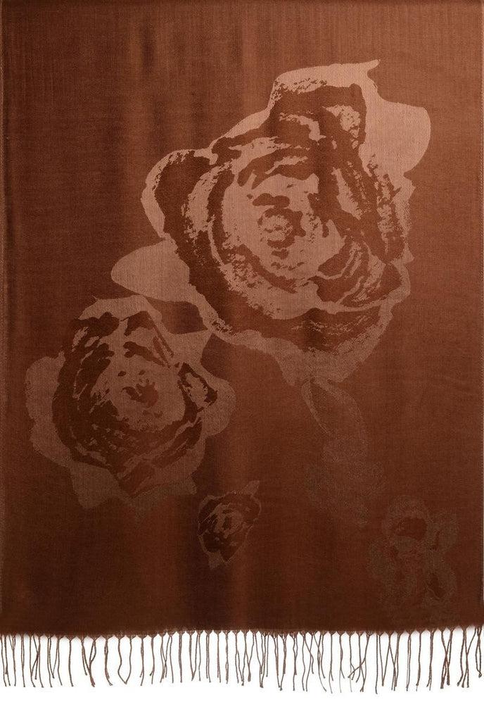 Liss Kiss Roses On Brown Pashmina Feel With Tassels - Scarf