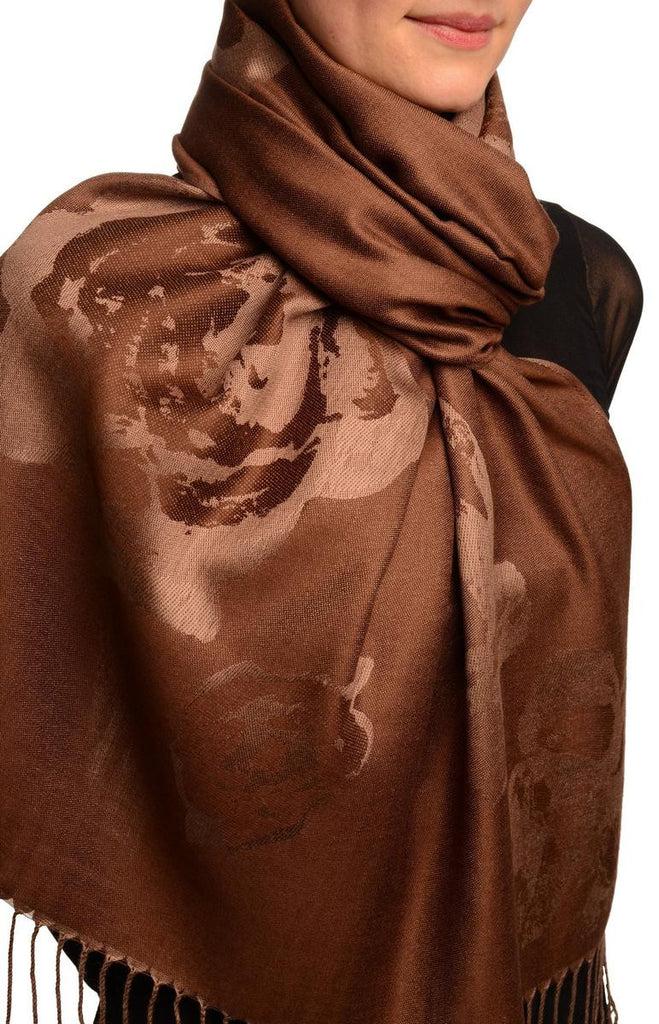Liss Kiss Roses On Brown Pashmina Feel With Tassels - Scarf