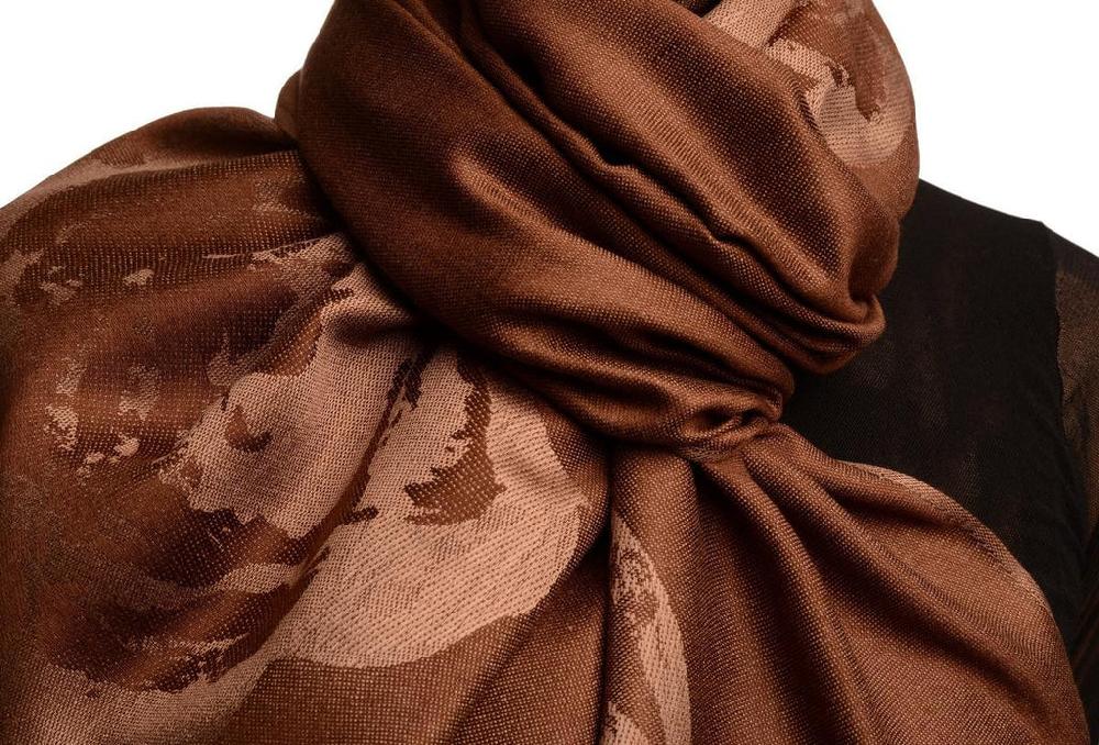 Liss Kiss Roses On Brown Pashmina Feel With Tassels - Scarf