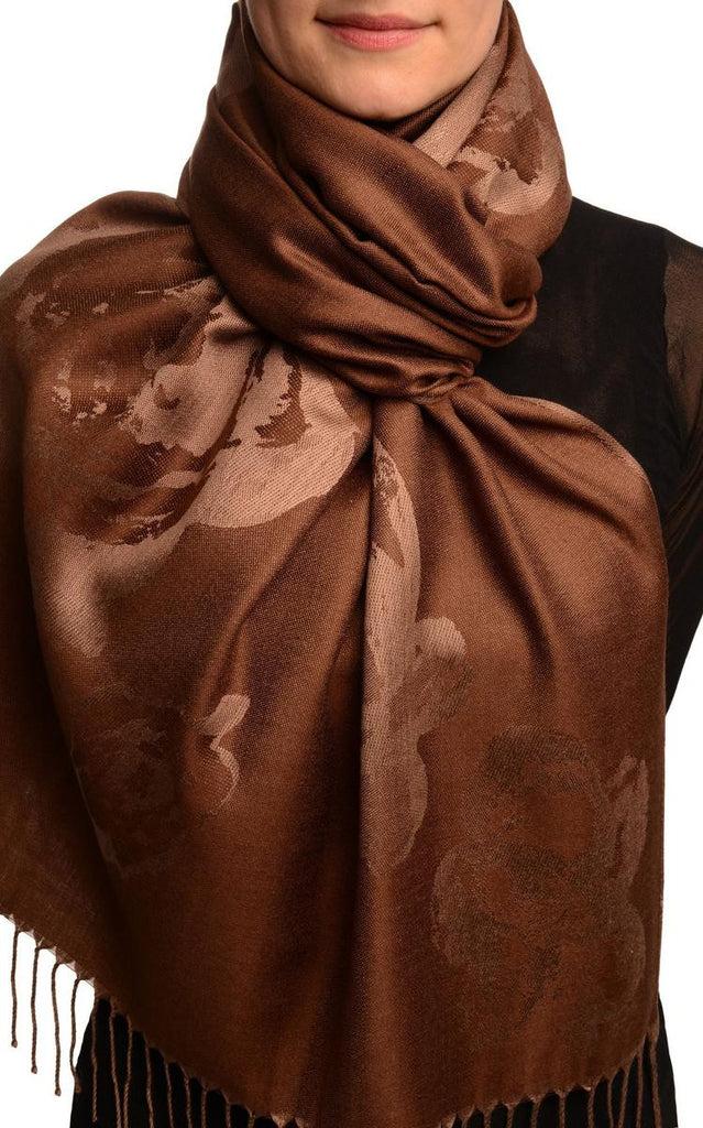 liss kiss Roses On Brown Pashmina Feel With Tassels - Scarf