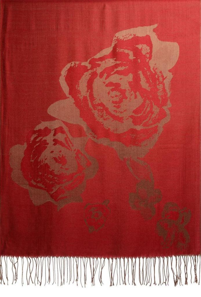 Liss Kiss Roses On Burgundy Red Pashmina Feel With Tassels - Scarf